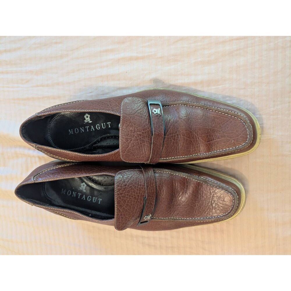 Montagut Paris Men Brown Pebbled Leather Loafers Buckle Slip On Dress Shoes 8.5